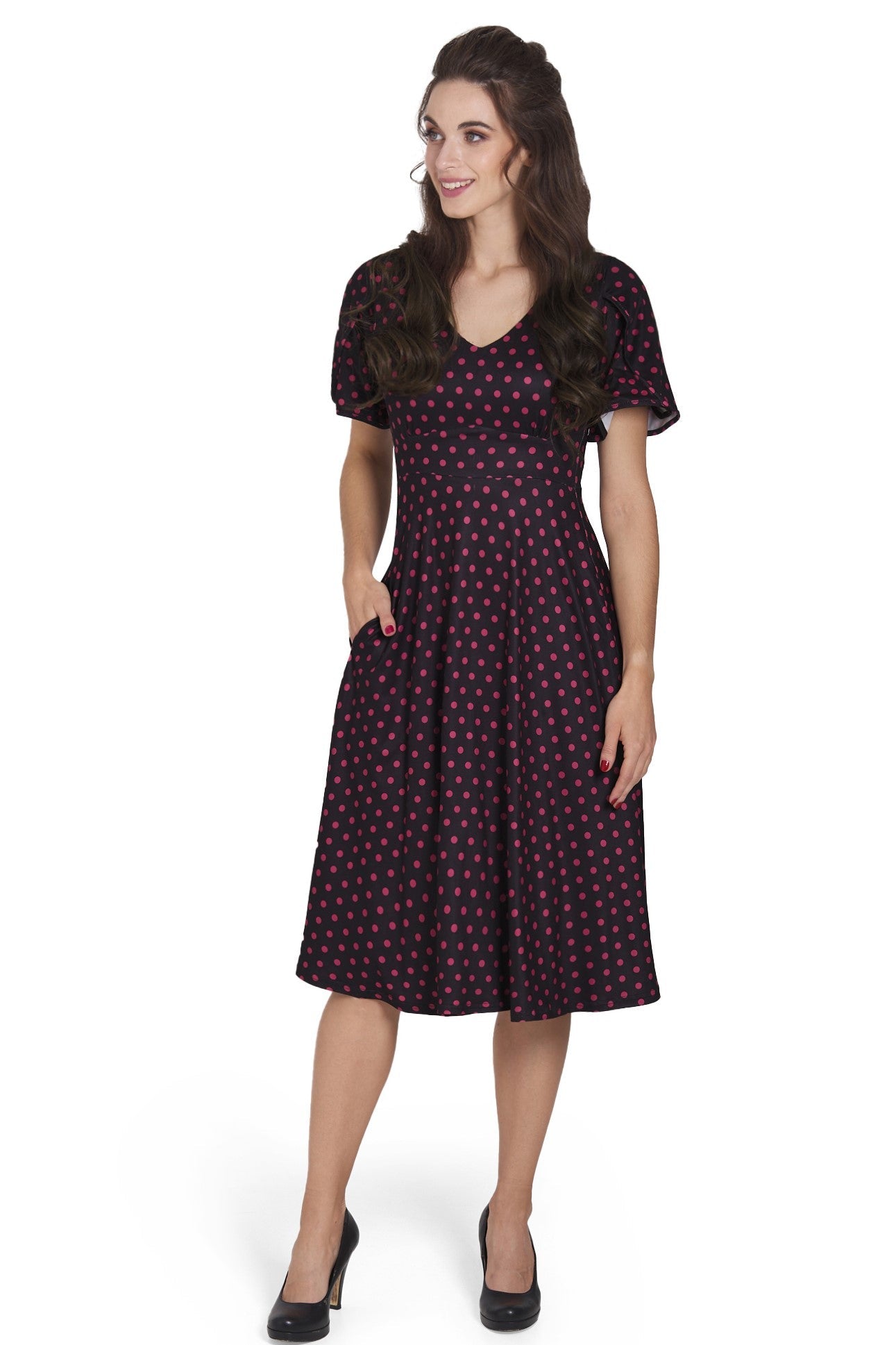 Janice Sleeved Flared Tea Dress in Black Polka Dot Print