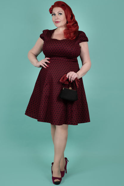 Claudia Flirty Fifties Polka Dot Dress in Burgundy-Black