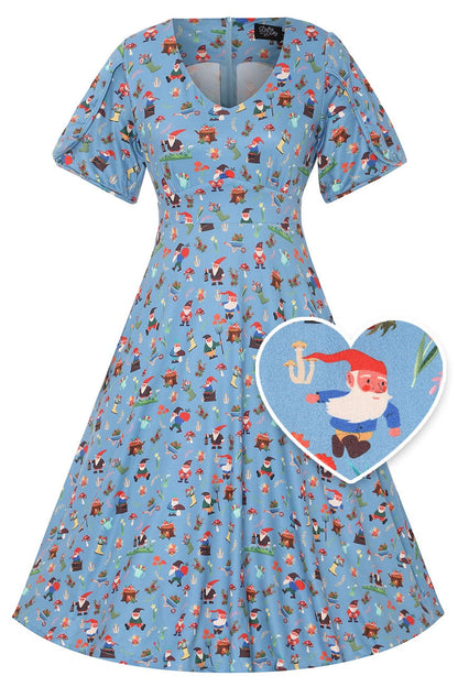 Janice Blue Petal Sleeved Tea Dress in Garden Gnome Print