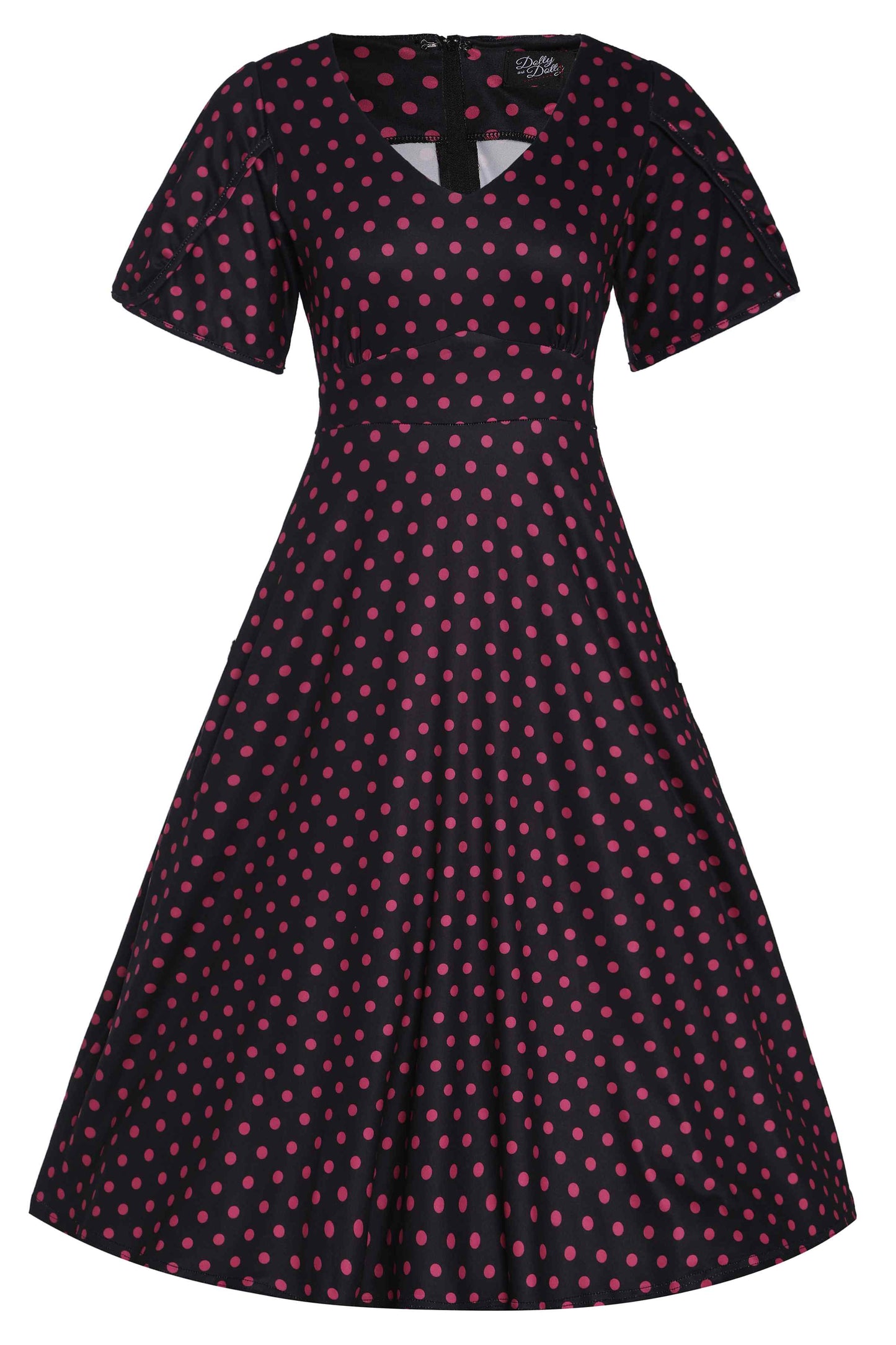 Janice Sleeved Flared Tea Dress in Black Polka Dot Print