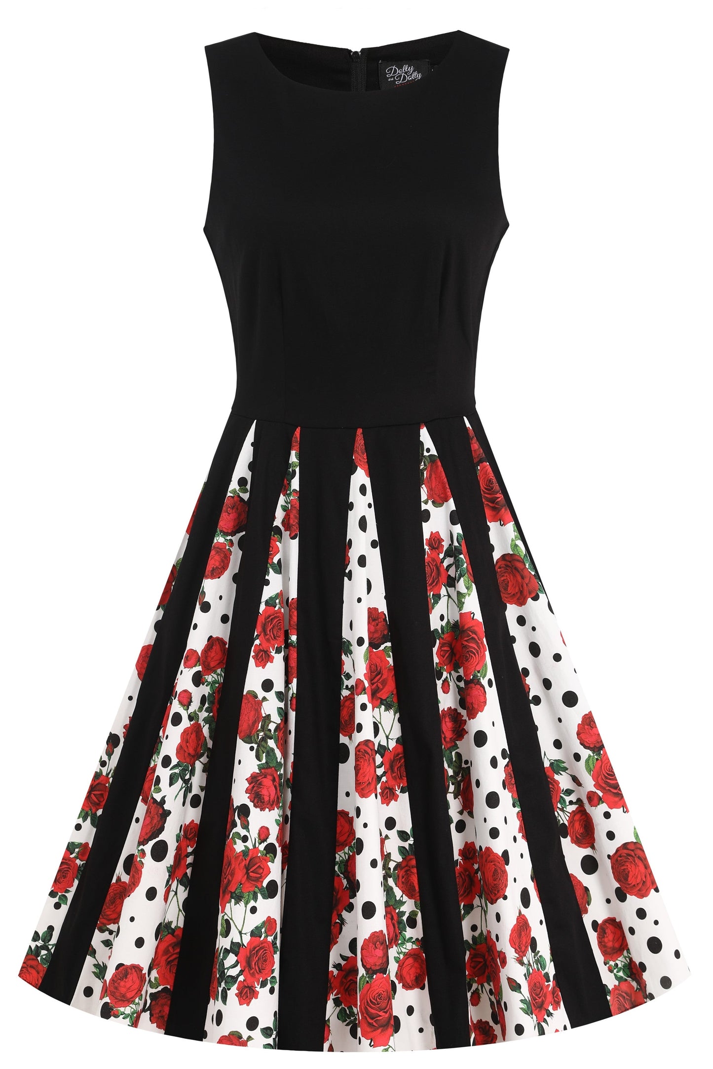 Judith Pleated Black Dress With Retro Roses & Spots
