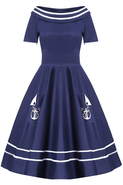 Darlene Nautical Anchor Embroidered Dress In Blue