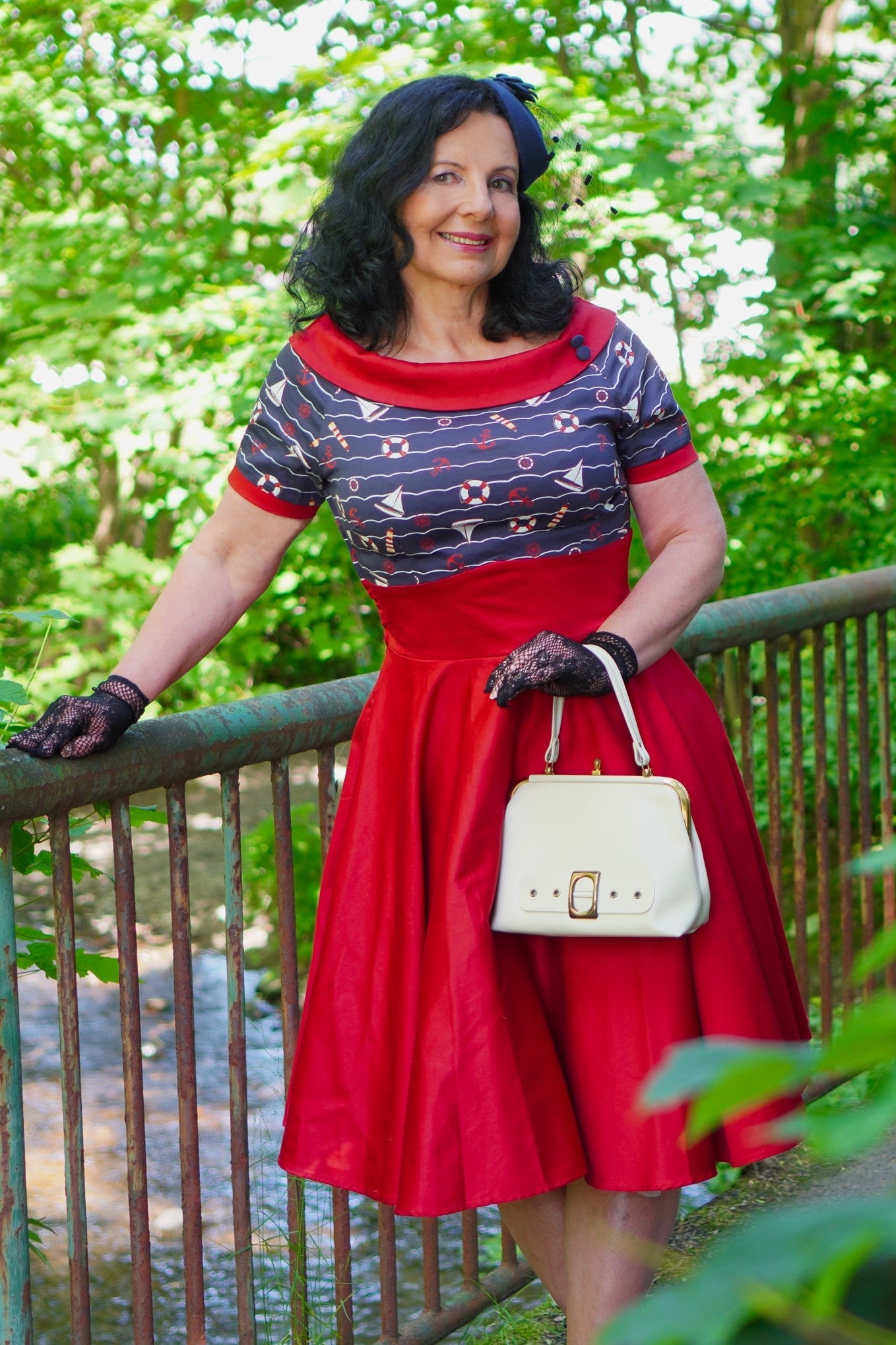 Darlene Nautical Navy Blue & Burgundy Swing Dress