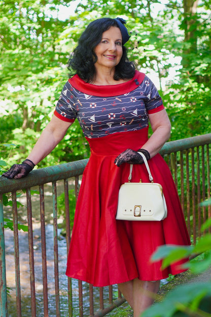 Darlene Nautical Navy Blue & Burgundy Swing Dress