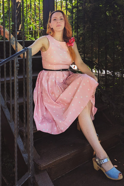 Annie Retro Polka Dot Dress in Pale Pink & White