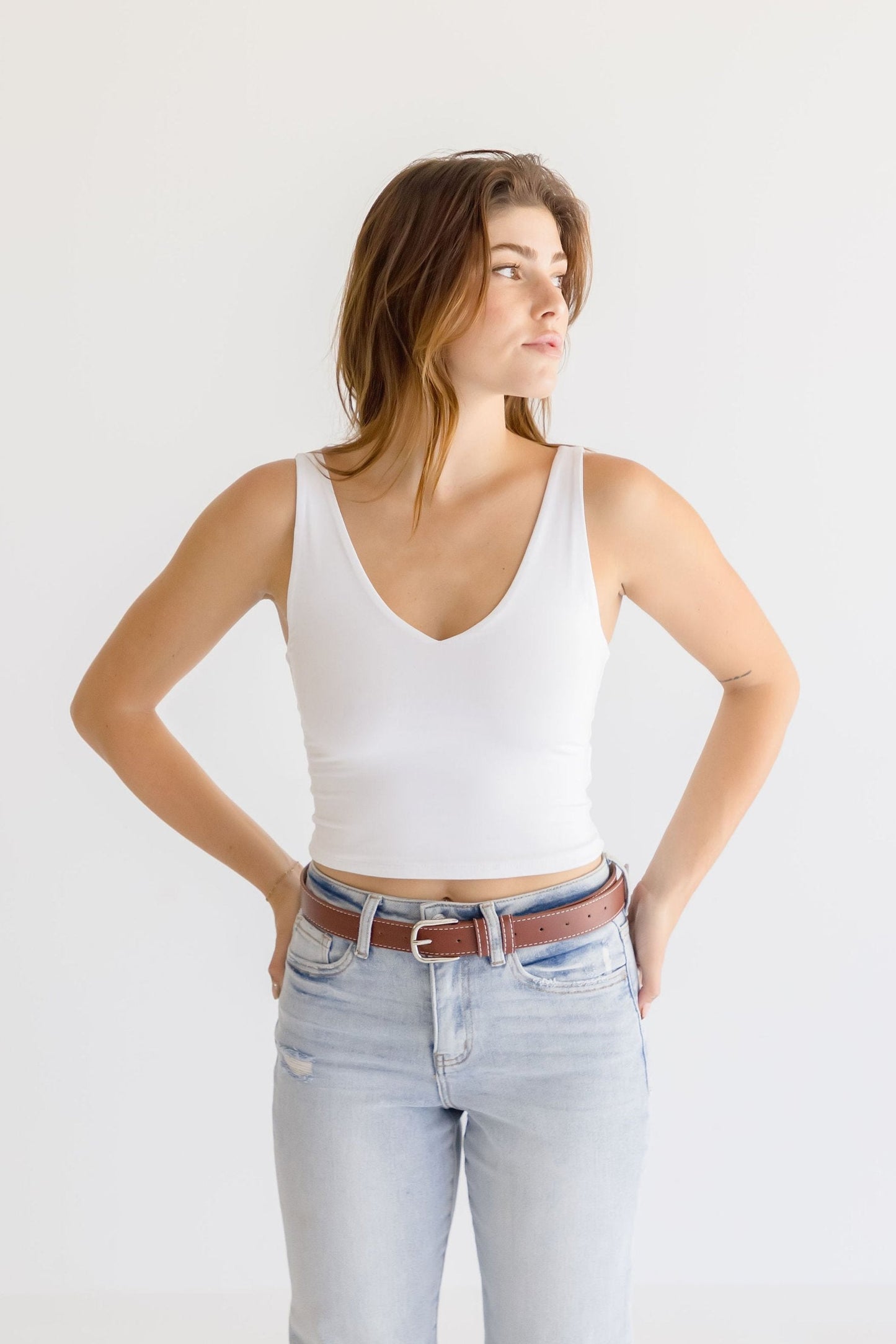 Greer Contrast Stitched Rectangle Buckle Belt Cognac