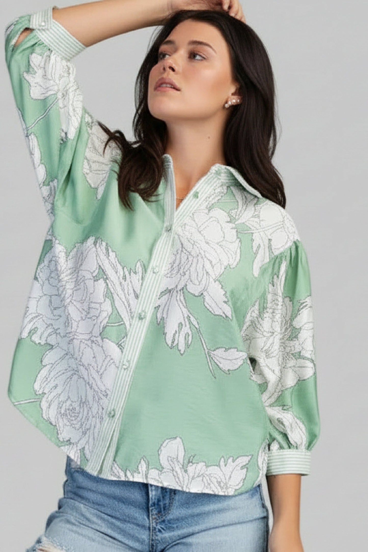 Dorothy 3/4 Sleeve Button Down Floral Print Top Sage