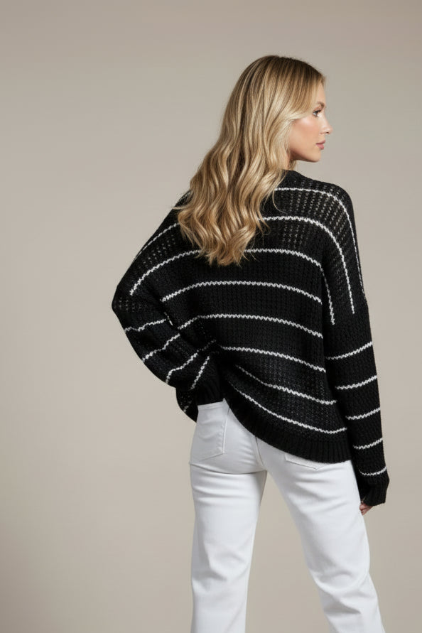 Bailey Long Sleeve Open Cable Knit Hoodie Sweater Navy