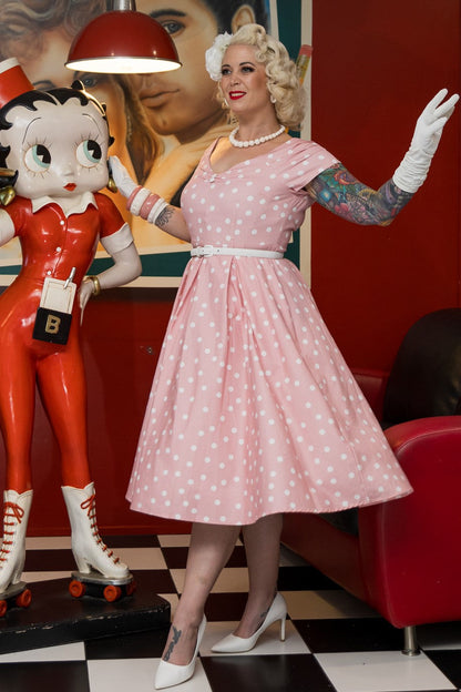 Lily Light Pink & White Polka Dot Off Shoulder Dress