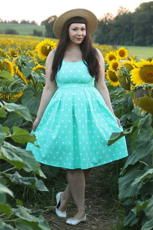 Amanda Scoop Neck Polka Dot Swing Dress in Mint and White