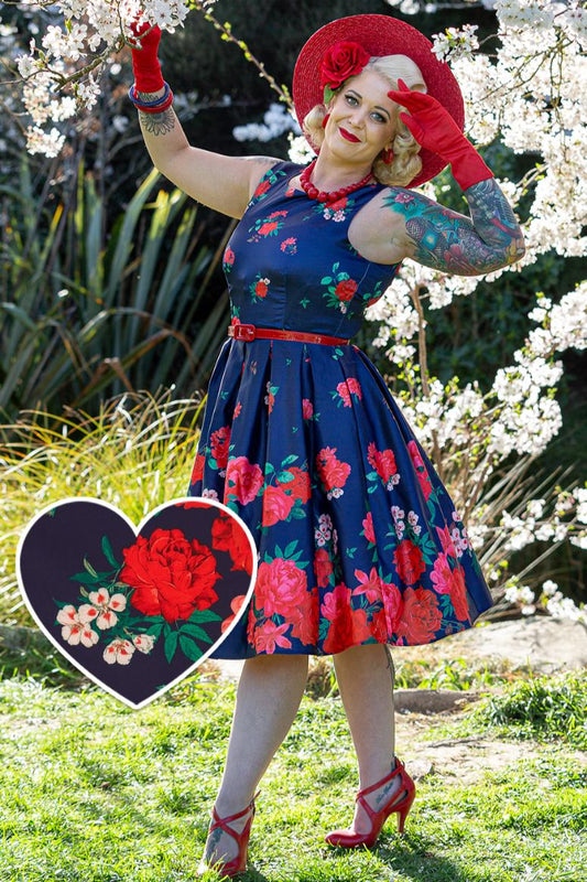 Annie Retro Swing Dress in Purple with Raising Rose Print