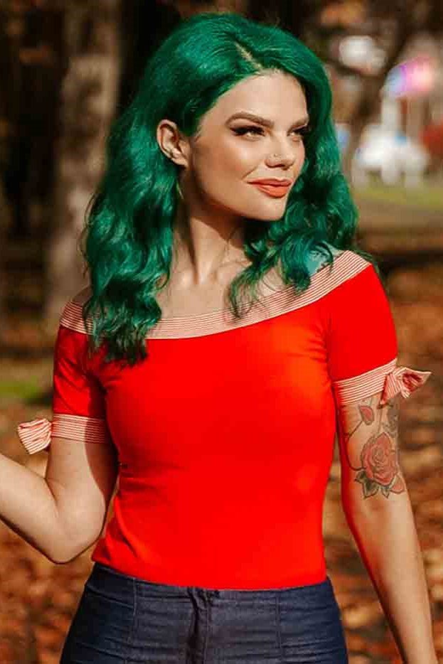 Layla Off Shoulder Red Striped Trim Top