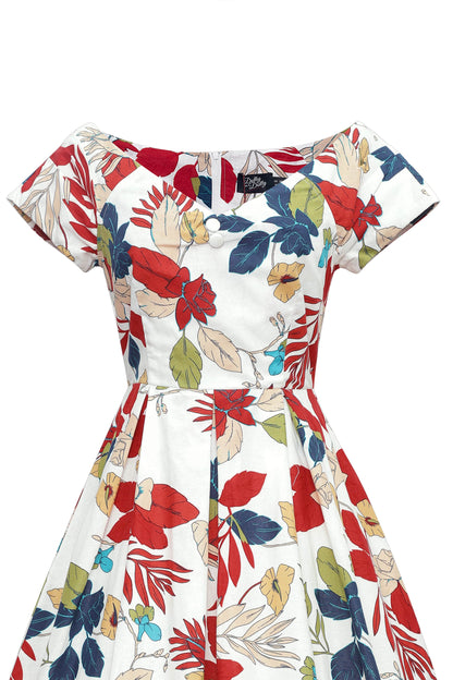 Lily Off Shoulder Tropical Floral Swing Dress In White