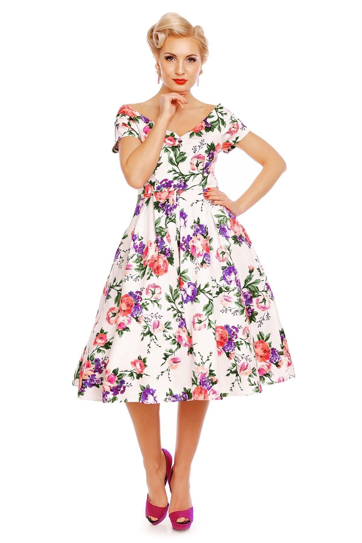 Lily Off Shoulder 50s Pleated Dress in White/Pink Floral