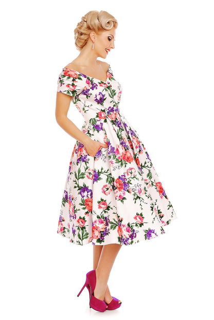 Lily Off Shoulder 50s Pleated Dress in White/Pink Floral