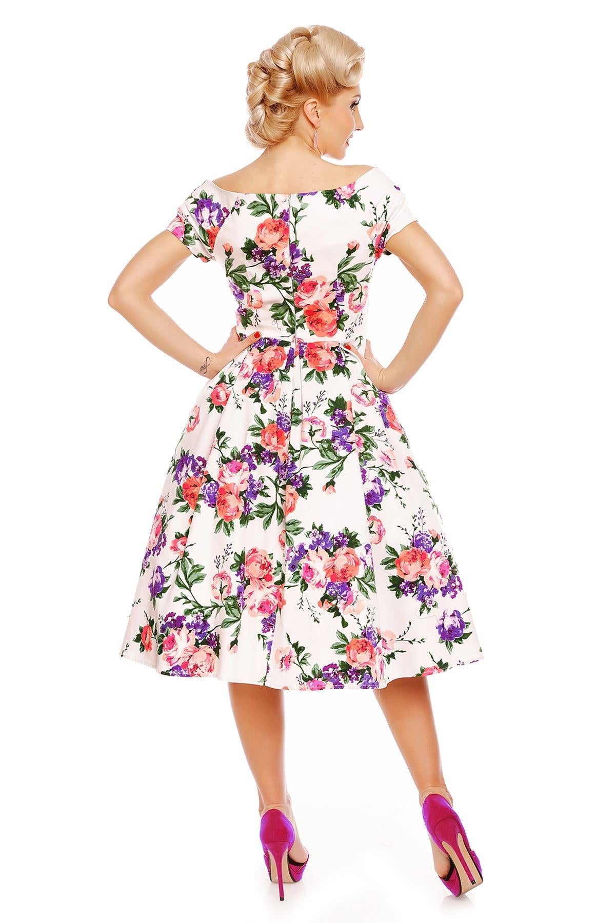 Lily Off Shoulder 50s Pleated Dress in White/Pink Floral
