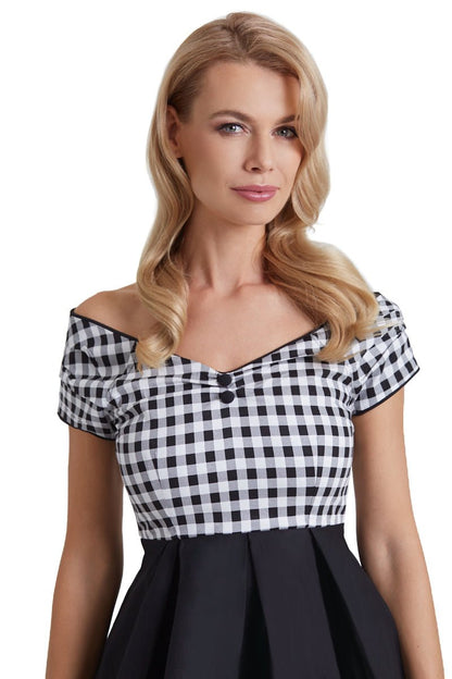 Lily Off Shoulder Black/White Gingham Swing Dress