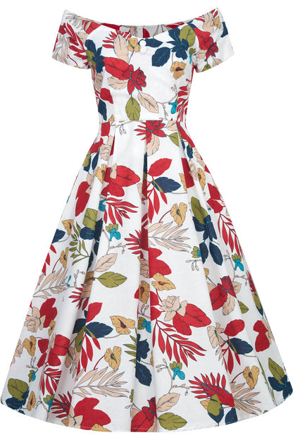Lily Off Shoulder Tropical Floral Swing Dress In White