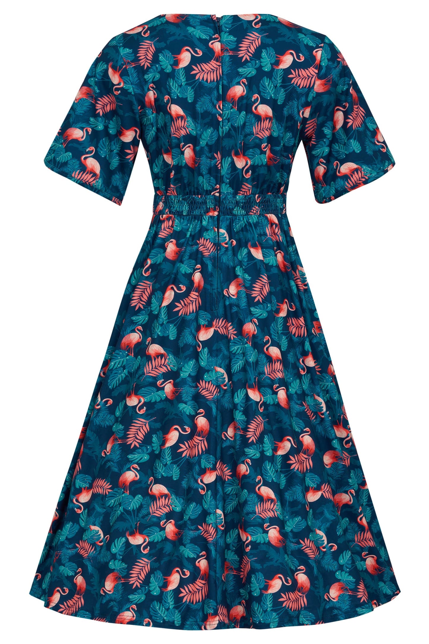 Janice Sleeved Tea Dress In Blue Flamingo & Leaves Print