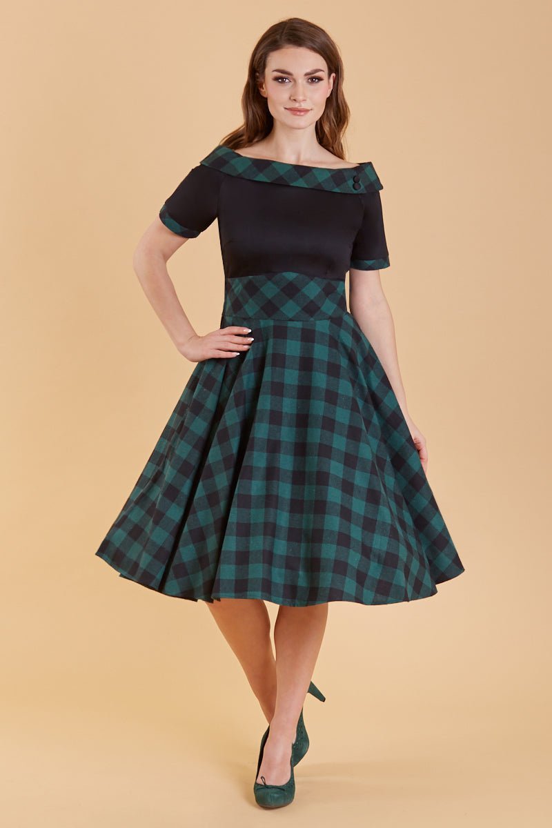 Darlene Retro Black & Green Tartan Swing Dress