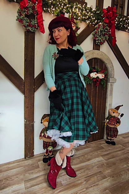 Darlene Retro Black & Green Tartan Swing Dress