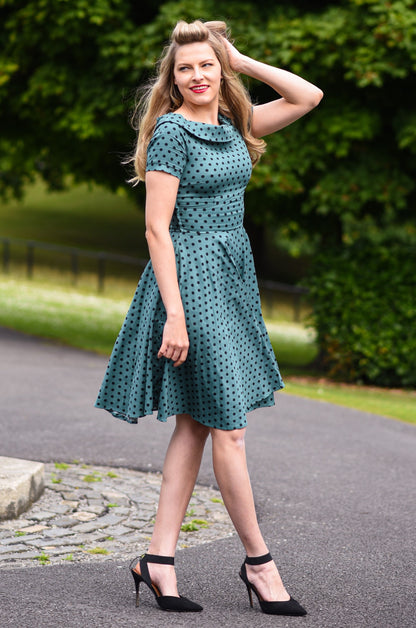Darlene Retro Polka Dot Swing Dress in Dark Green