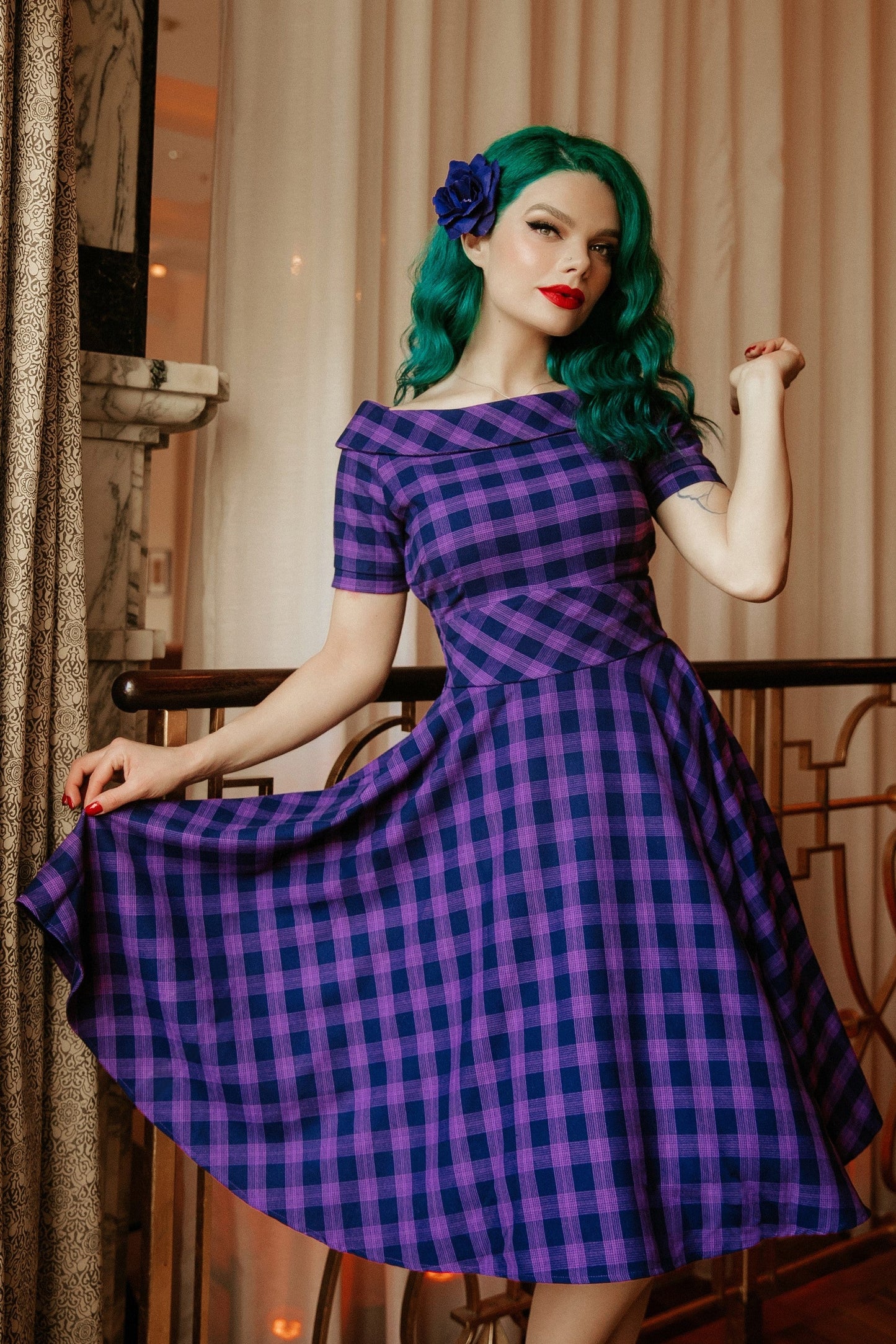 Darlene Retro Purple Tartan Circle Dress