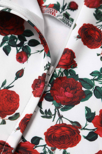 Amanda Retro Red Roses Swing Dress In White