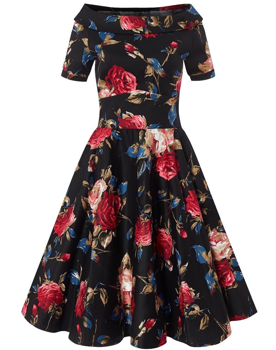 Darlene Rockabilly Floral Roses Swing Dress in Black