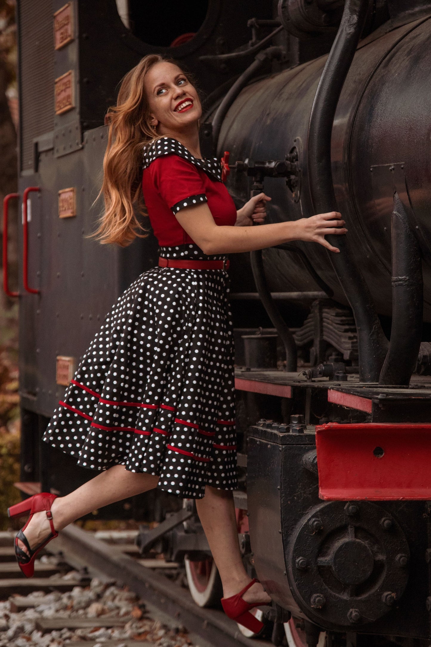 Darlene Rockabilly Red & Black White Polka Dot Dress