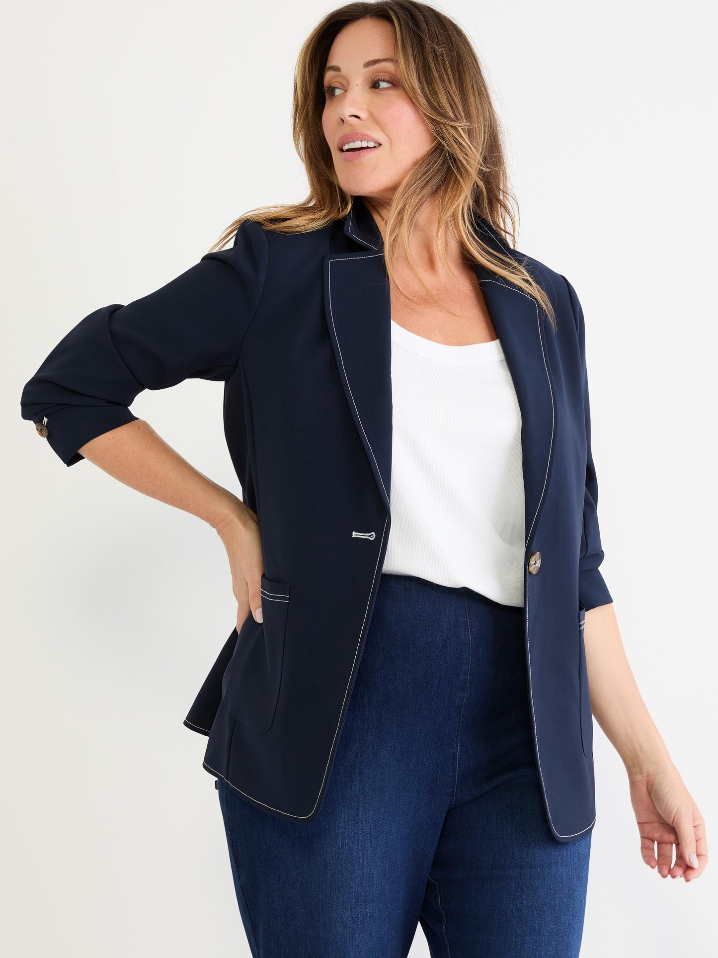 Sleek Stretch Accent Stitch Blazer