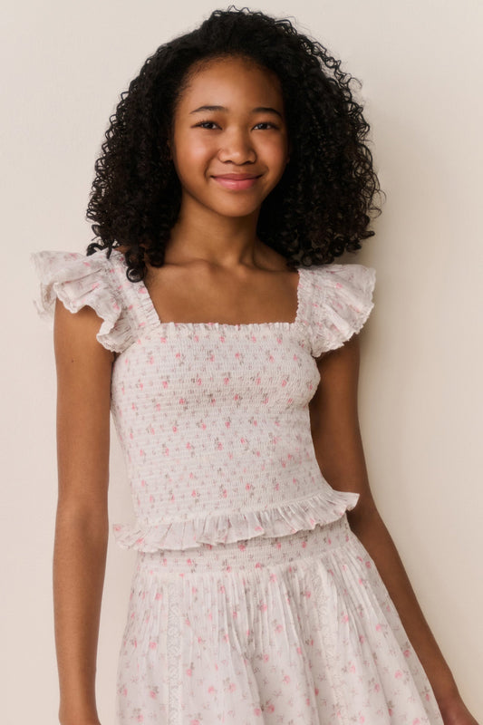Tween Jeanna Floral Cotton Top - SUNWASHED IVORY