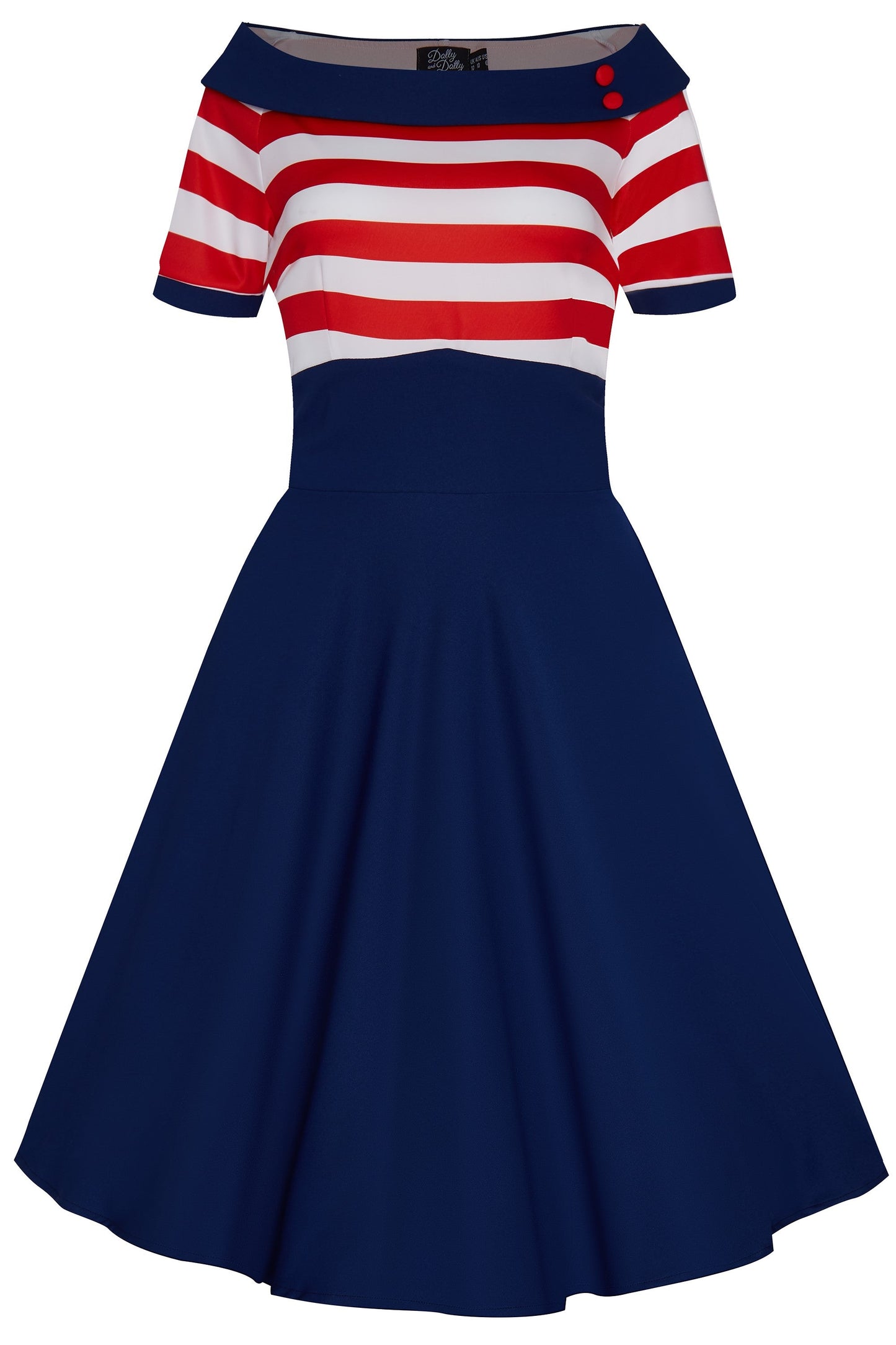 Darlene Nautical Swing Dress in Navy with Red & White Stripes