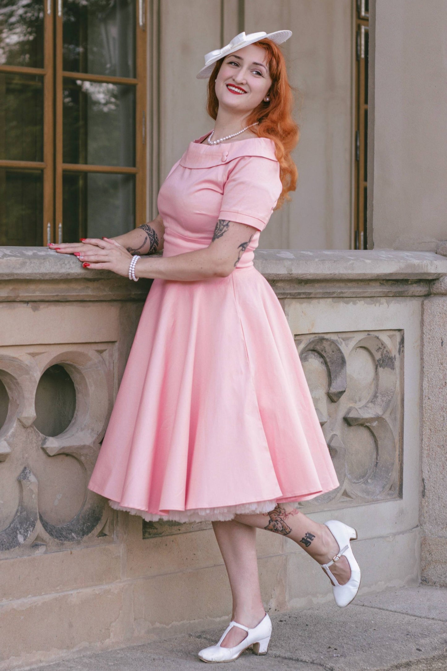 Darlene Light Pink Roll Collar Circle Dress