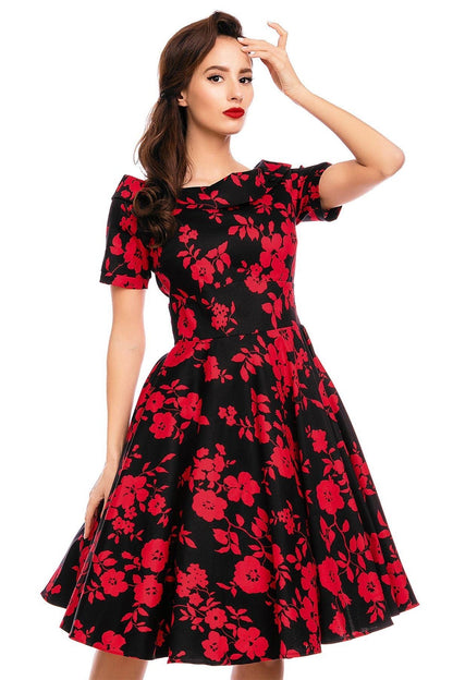 Darlene Retro Floral Swing Dress in Black/Red