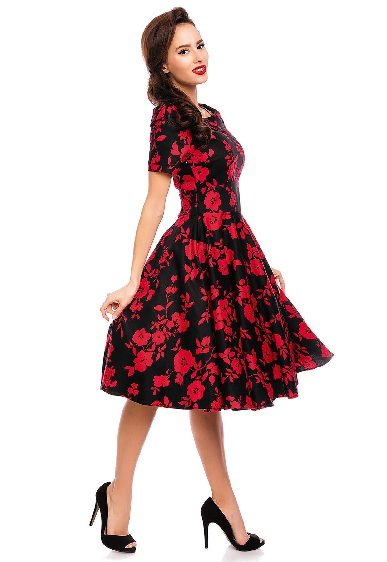 Darlene Retro Floral Swing Dress in Black/Red