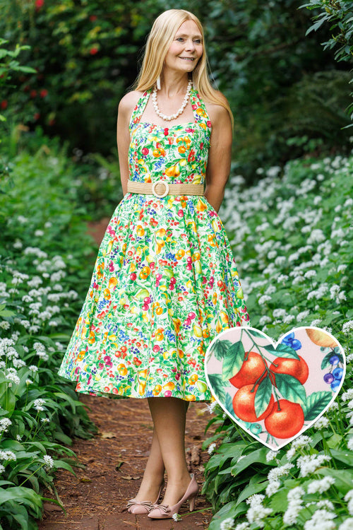 Daisy Mediterranean Fruit Halter Dress
