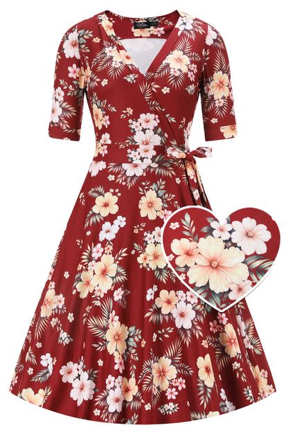 Matilda Vintage Inspired Hibiscus Wrap Dress in Burgundy