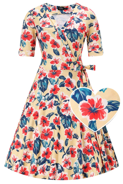 Matilda Hawaiian Hibiscus Wrap Dress in Yellow