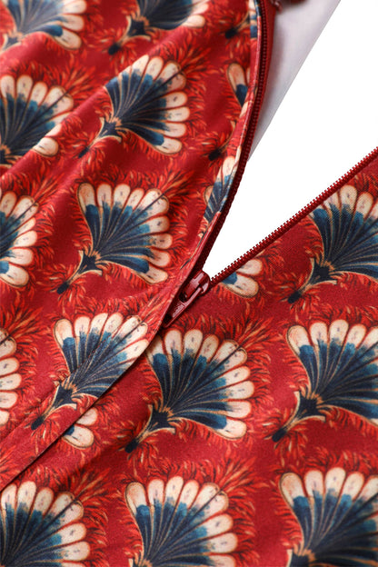 Julia 40s Feather Fan Midi Dress In Brick Red