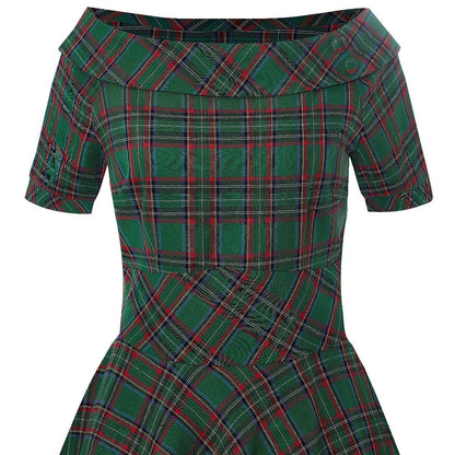 Darlene Vintage Swing Dress in Dark Green Plaid Print