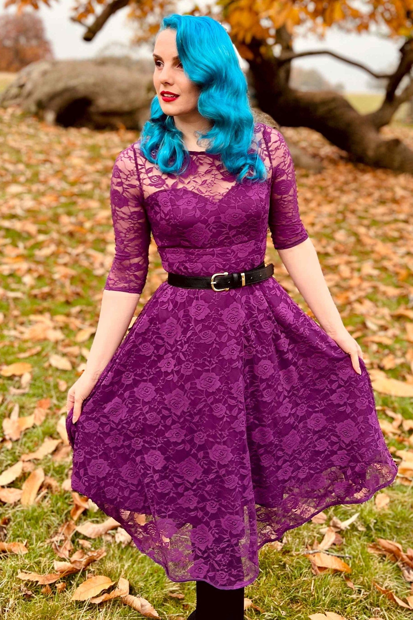 Madeline Long Sleeved Purple Lace Dress