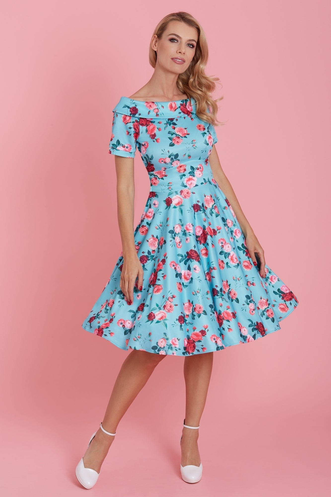 Darlene 50s Style Rose Floral Off Shoulder Swing Dress in Aqua Blue