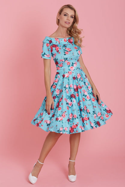 Darlene 50s Style Rose Floral Off Shoulder Swing Dress in Aqua Blue