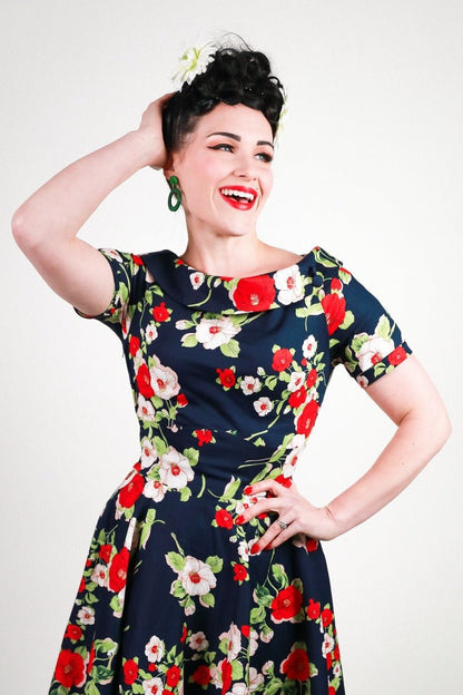 Darlene Retro Floral Roses Swing Dress in Navy Blue