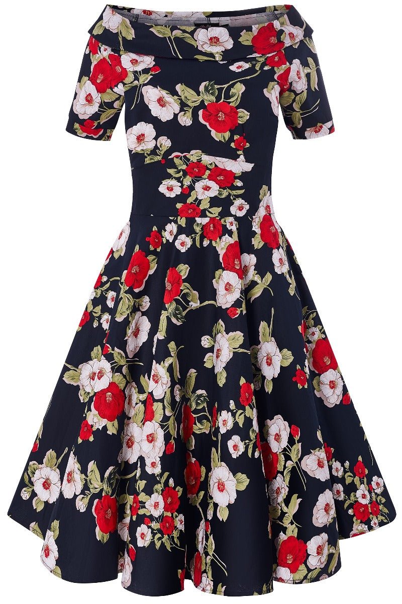 Darlene Retro Floral Roses Swing Dress in Navy Blue
