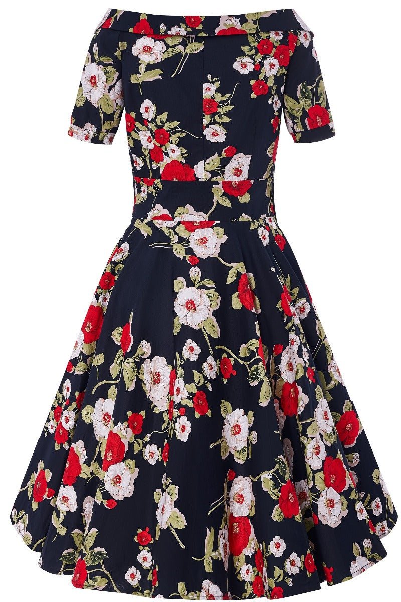 Darlene Retro Floral Roses Swing Dress in Navy Blue
