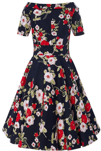 Darlene Retro Floral Roses Swing Dress in Navy Blue