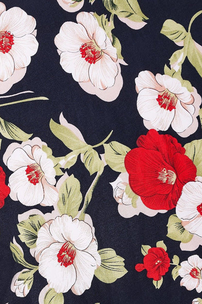 Darlene Retro Floral Roses Swing Dress in Navy Blue