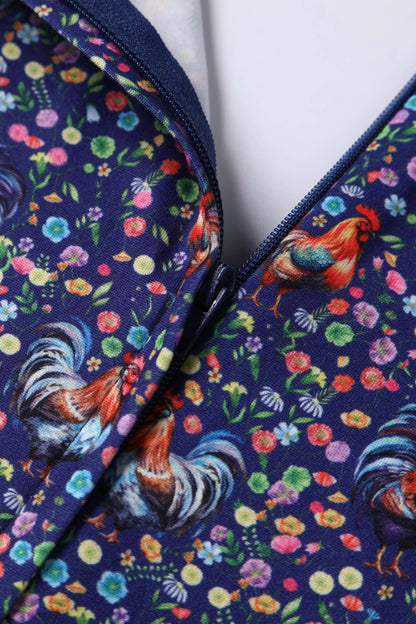 Janice Purple Sleeved Tea Dress in Rooster Floral Print